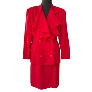 80s 90s All Wool Red Skirt Suit Set Ruffled Lapels Double Breasted Lined Size S